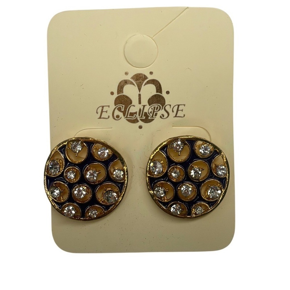 Eclipse Gold Tone Navy Blue Enamel Rhinestone Round Stud Earrings Honeycomb